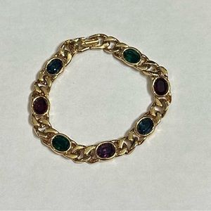 Vintage LS Gold Chain Crystal Gem Green Red Purple Bracelet